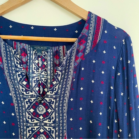 Lucky Brand Navy & Red Bell Sleeve Boho Peasant Blouse Size L - Picture 2 of 11